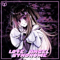Rule 34 | 1girl, bandaid, bandaid on face, black background, blunt bangs, border, brown hair, detached collar, english text, ghost hair ornament, head tilt, highres, jacket, jacket on shoulders, long hair, long sideburns, love angel syndrome, nervous sweating, official art, oversized clothes, partially shaded face, pill hair ornament, purple eyes, purple shirt, shirt, sideburns, solo, stray hair, sweat, sweatdrop, twintails, upper body, yuuna (love angel syndrome)