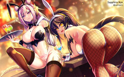 2girls animal_ears artist_name au_ra backboob bar_(place) black_bow black_bowtie black_hair black_leotard blurry blurry_background bow bowtie breasts brown_thighhighs censored character_name cleavage closed_mouth collar commission cup double_bun dragon_horns dragon_tail drinking_glass fake_animal_ears final_fantasy final_fantasy_xiv fishnet_pantyhose fishnets from_behind hair_bun highres holding holding_cup holding_tray horns large_breasts leaning_forward leaning_on_object lens_flare leotard long_hair looking_at_viewer mole mole_on_breast mosaic_censoring multiple_girls navel no_panties open_mouth pantyhose pink_eyes pink_hair playboy_bunny ponytail pubic_tattoo rabbit_ears samael_(5211) sapphira_nyx scales second-party_source smile stomach tail tattoo thighhighs tray warrior_of_light_(ff14) white_collar white_wrist_cuffs wine_glass wrist_cuffs