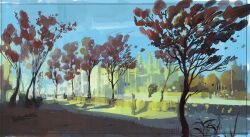 1girl blue_sky building city day highres original painting_(medium) path road shadow sky skyscraper slow_d solo sunlight traditional_media tree