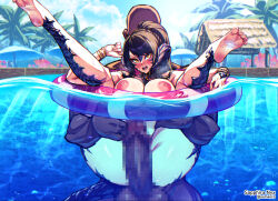 1boy 1girl au_ra beach_umbrella black_hair blush bracelet breasts brown_dust_(series) brown_dust_2 brown_eyes censored cleavage commission completely_nude dark-skinned_male dark_skin dragon_horns dragon_tail faceless faceless_male final_fantasy final_fantasy_xiv full_nelson highres horns innertube jewelry large_breasts long_hair looking_at_another looking_back mosaic_censoring nipples nude palm_tree partially_submerged ponytail pool samael_(5211) sapphira_nyx scales second-party_source soles swim_ring tail teeth toes tree umbrella warrior_of_light_(ff14) wilhelmina_(brown_dust) wilhelmina_(water_park_queen)_(brown_dust)