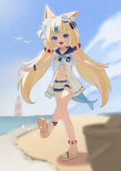 Rule 34 | 1girl, absurdres, ahoge, animal ears, beach, blonde hair, blue eyes, blue hair, blue sky, brown sandals, cat ears, cloud, dress, fins, fish girl, fish tail, highres, hsh, indie virtual youtuber, long hair, looking at viewer, low twintails, multicolored hair, one side up, open mouth, sameko saba, sand, sandals, short shorts, shorts, sky, sleeveless, sleeveless dress, smile, solo, streaked hair, tail, twintails, very long hair, virtual youtuber, water, white dress, white shorts