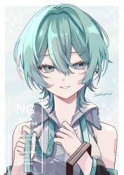 1girl aegyo_sal alternate_hair_length alternate_hairstyle aqua_eyes aqua_hair aqua_nails aqua_necktie aqua_trim artist_name bare_shoulders black_sleeves breasts commentary detached_sleeves earrings frilled_shirt frilled_shirt_collar frills hair_between_eyes hair_ornament hatsune_miku high_collar highres jewelry looking_to_the_side medium_breasts medium_hair naguno-0713 necktie number_tattoo parted_lips polka_dot polka_dot_hair portrait shirt sidelocks sideways_glance simple_background sleeveless sleeveless_shirt solo tattoo undone_necktie unworn_hair_ornament vocaloid watermark white_shirt wolf_cut