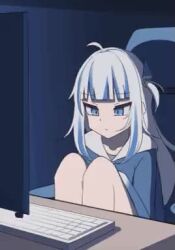 1girl ahoge animated ass blue_eyes blue_hair bottomless breasts censored clothes_lift computer_keyboard crotch_rub feet fidgeting fins fish_tail from_below from_side gawr_gura gluteal_fold groin hair_ornament have_to_pee heart heart_censor hololive hololive_english hood hoodie hoodie_lift loli long_hair multicolored_hair nail_polish navel no_panties pee peeing pussy shark_tail shirt_lift short_twintails sitting small_breasts smile solo spread_pussy spreading_own_pussy squatting standing streaked_hair tagme tail tenroy toilet twintails video virtual_youtuber white_background white_hair