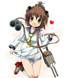 10s 1girl binoculars blush brown_hair collarbone dress female_focus green_eyes hair_ornament heart highres kantai_collection kazura long_sleeves open_mouth panties personification revision sailor_dress school_uniform short_hair solo underwear white_background white_panties yukikaze_(kancolle)