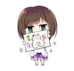 1girl aqua_eyes blue_shirt blunt_bangs bob_cut brown_hair cat chibi covered_mouth frilled_skirt frills holding_painting idolmaster idolmaster_cinderella_girls kneehighs looking_at_viewer lowres maekawa_miku mary_janes medium_skirt painting_(object) pink_shoes pleated_shirt pleated_skirt polka_dot polka_dot_skirt purple_skirt shirt shoes short_hair simple_background skirt socks solo sparkle standing usoneko v-shaped_eyebrows white_background white_socks