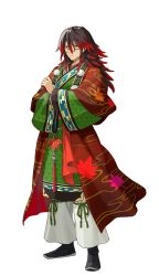 1boy absurdres artist_request black_hair black_shoes closed_mouth coat frown full_body glasses gradient_hair green_eyes green_robe hair_between_eyes highres kurama_(rune_factory) long_hair long_sleeves looking_at_viewer male_focus multicolored_hair official_art pants red_coat red_hair robe rune_factory rune_factory:_guardians_of_azuma shoes simple_background solo standing transparent_background white_background white_pants wide_sleeves