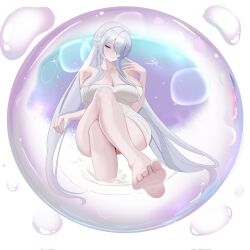 1girl barefoot blush breasts bubble cinderella_(nikke) cleavage closed_eyes closed_mouth dodo1792295 floating goddess_of_victory:_nikke hair_over_one_eye highres in_bubble in_container large_breasts long_hair naked_towel one_eye_covered smile solo towel very_long_hair white_hair