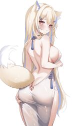 1girl alternate_costume animal_ears ass blonde_hair blue_hair blush breasts cropped_legs dog_ears dog_girl dog_tail dress from_behind fuwawa_abyssgard highres hololive hololive_english large_breasts looking_at_viewer looking_back meichan multicolored_fur multicolored_hair parted_lips pink_eyes shoulder_blades simple_background solo standing tail virtual_youtuber white_background white_dress white_fur yellow_fur
