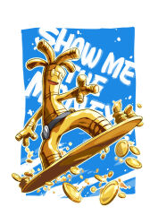Rule 34 | :d, absurdres, belt, belt buckle, black belt, blue background, border, buckle, coin, commentary request, fang, fish.boy, gholdengo, highres, nintendo, open mouth, pokemon, pokemon (creature), skin fang, smile, solo, standing, white border, yellow eyes