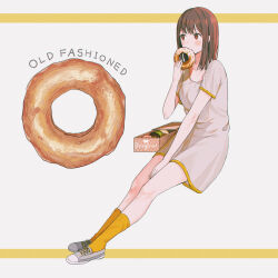 1girl blush box brown_eyes brown_hair commentary donut dress eating english_commentary english_text food full_body highres holding holding_food invisible_chair kawahara_shino long_hair looking_to_the_side old-fashioned_donut original shoes short_sleeves sitting sneakers socks solo