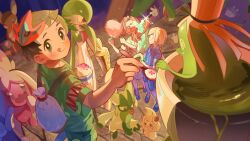 Rule 34 | &gt; &lt;, 1boy, 2girls, :q, alcremie, alolan form, alolan raichu, blonde hair, closed eyes, cotton candy, feeding, floragato, flygon, food, gardevoir, gen 3 pokemon, gen 7 pokemon, gen 8 pokemon, gholdengo, green shirt, green shorts, highres, holding, holding cotton candy, holding food, holding spoon, mask, mask on head, milcery, multiple girls, nintendo, open mouth, pokemon, pokemon (creature), sandals, shaved ice, shirt, short hair, short sleeves, shorts, sinistcha, spoon, standing, tinkaton, tongue, tongue out, vpfjfevol