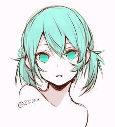 Rule 34 | 1girl, 23i2ko, blue eyes, blue hair, double-parted bangs, empty eyes, hair between eyes, hatsune miku, head tilt, looking at viewer, open mouth, portrait, short twintails, simple background, solo, twintails, twitter username, vocaloid, white background