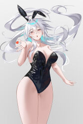 1girl :o absurdres ahoge animal_ears bare_shoulders black_leotard breasts chinese_commentary cleavage collarbone commentary_request cowboy_shot fake_animal_ears floating_hair grey_background grey_hair hair_between_eyes hair_intakes hand_up heart highres large_breasts leotard long_hair looking_at_viewer original rabbit_ears red_eyes sanvicept simple_background solo very_long_hair