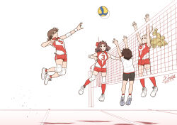 Rule 34 | 4girls, arms up, artist name, ball, bike shorts, black shorts, blonde hair, brown eyes, brown hair, commentary, dated, elbow pads, girls und panzer, gym shirt, gym uniform, hair pulled back, hairband, headband, highres, isobe noriko, jumping, kawanishi shinobu, knee pads, kondou taeko, legs up, long hair, medium hair, multiple girls, open mouth, ponytail, red headband, red shirt, red shorts, red socks, sasaki akebi, satou yasu, shirt, shoes, short hair, short ponytail, short shorts, short sleeves, shorts, signature, single vertical stripe, sleeveless, sleeveless shirt, sneakers, socks, sportswear, t-shirt, volleyball, volleyball (object), volleyball net, volleyball uniform, white hairband, white shirt, white shoes