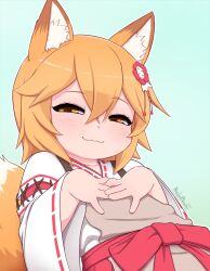 1girl animal_ear_fluff animal_ears apron artist_name blonde_hair blue_background blush brown_apron chibi chibi_only closed_mouth detached_sleeves flower fox_ears fox_girl fox_tail grin hair_between_eyes hair_flower hair_ornament hands_on_own_chest highres japanese_clothes kimono long_sleeves looking_at_viewer medium_hair miko pinkbunnyjuice red_ribbon ribbon ribbon-trimmed_sleeves ribbon_trim senko_(sewayaki_kitsune_no_senko-san) sewayaki_kitsune_no_senko-san simple_background smile smug solo standing tail tail_raised third-party_source upper_body watermark white_kimono wide_sleeves yellow_eyes