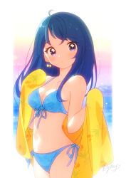 1girl beach_towel bikini blue_bikini blue_eyes blue_hair border bow bow_earrings breasts collarbone cowboy_shot earrings hair_down hirogaru_sky!_precure holding holding_towel jewelry kyanos_(b_0000ff) long_hair looking_at_viewer navel precure side-tie_bikini_bottom small_breasts solo sora_harewataru standing stomach swimsuit towel