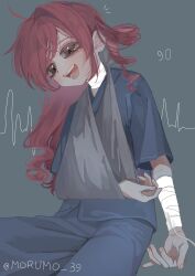1girl ahoge arm_sling bandaged_arm bandaged_neck bandages black_pants black_shirt blush broken_arm drill_hair grey_background highres kasane_teto long_hair morumo_39 on_floor open_mouth pants parted_bangs red_eyes red_hair shirt short_sleeves side_drill simple_background sitting solo tears teeth tongue upper_teeth_only utau