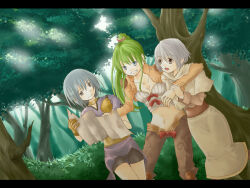 2000s_(style) 3girls acolyte_(ragnarok_online) archer_(ragnarok_online) black_shorts blue_eyes bow bow_bra bra breasts brown_jacket brown_shirt brown_shorts bush capelet cleavage closed_mouth commentary_request cowboy_shot day dutch_angle forest green_hair grey_eyes grey_hair grin high_ponytail holding holding_map jacket letterboxed long_hair long_sleeves map medium_breasts multiple_girls muneate nature navel outdoors pointy_ears ponytail purple_shirt ragnarok_online red_bow shirt short_hair short_sleeves shorts shrug_(clothing) skirt smile thief_(ragnarok_online) tree underwear white_bra white_capelet white_skirt yuina_(yuina_h)