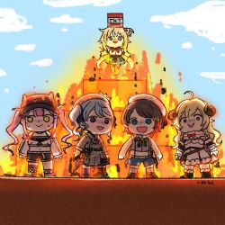 0w0 5girls :d ahoge akai_haato animal_ears artist_name backlighting bag belt beret bibi_(tokoyami_towa) black_hair black_shorts blonde_hair blue_eyes blue_hair blue_shorts blue_sky bow bowtie brown_belt burning cape chibi cloud commentary_request cropped_jacket crown day demon_girl dress explosive fire fishnet_legwear fishnets full_body fur-trimmed_cape fur-trimmed_dress fur_trim green_eyes grey_dress hat highres hololive horns hoshimachi_suisei hoshimachi_suisei_(1st_costume) long_hair minecraft mini_crown multiple_girls official_alternate_costume oozora_subaru oozora_subaru_(work) open_mouth outdoors outstretched_arms plaid_clothes plaid_dress purple_hair red_bow red_neckwear ringlets sheep_ears sheep_girl sheep_horns short_hair shorts side_ponytail signature sky smile smoke standing suspender_shorts suspenders tnt tnt_block_(minecraft) tokoyami_towa tsunomaki_watame tsunomaki_watame_(1st_costume) turn_pale twintails virtual_youtuber wakatsuki_misato white_dress