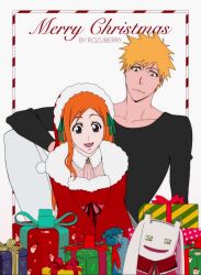 1girl animated bleach bleach:_brave_souls christmas christmas_present gift hat highres hug inoue_orihime kon_(bleach) kurosaki_ichigo long_hair orange_hair rozuberry santa_hat smile tagme video