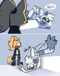 2girls accident all_fours ass back bare_back barefoot blonde_hair blush body_fur chest_tuft child clumsy colored_skin crossed_legs english_text eyebrows falling feet flat_chest furry grey_fur idw_publishing leaning leaning_forward lettuce_(artist) loli lying multiple_girls narrowed_eyes naughty_face nervous nude ponytail purple_eyes qqlettuce raised_eyebrow seductive_smile sega slip smile soles sonic_(series) sonic_the_hedgehog_(idw) speech_bubble sweat sweatdrop tail talking tangle_the_lemur toes tomboy whisper_the_wolf white_fur white_hair white_skin wolf yellow_fur yuri