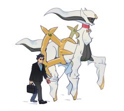 1boy arceus bag black_bag black_eyes black_footwear black_hair black_pants black_suit blue_necktie closed_mouth collar colored_sclera colored_skin commentary creatures_(company) english_commentary formal_clothes full_body game_freak gen_4_pokemon green_sclera highres holding holding_bag larry_(pokemon) legendary_pokemon leunkon mythical_pokemon necktie nintendo pants pokemon pokemon_(creature) pokemon_sv red_collar red_eyes shoes short_hair simple_background suit tail thick_eyebrows walking white_background white_skin