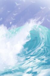 1girl bird blue_sky blue_theme breaking_wave day fantasy foaming_waves mermaid monster_girl no_lineart ocean original outdoors scenery sea_spray seagull signature silhouette sky solo subsurface_scattering very_wide_shot water zandra