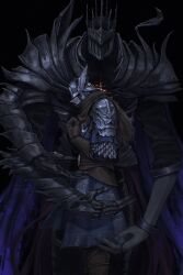 1boy 1other armor black_background blue_surcoat brown_cape brown_gloves cape elden_ring elden_ring_nightreign extra_arms flayyrart from_side full_armor gauntlets gloves great_rune_(elden_ring) helmet heolstor_the_nightlord highres scale_armor spiked_helmet winged_helmet wylder_(elden_ring)