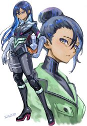 1girl alternate_costume black_hair boots commentary dated elbow_gloves gloves gundam gundam_gquuuuuux hair_bun helmet high_heel_boots high_heels highres holding holding_helmet long_hair looking_at_viewer mecha_pilot_suit normal_suit_(gundam) nyaan_(gundam_gquuuuuux) okrdisk2000 simple_background tan thigh_boots unworn_headwear unworn_helmet white_background yellow_eyes