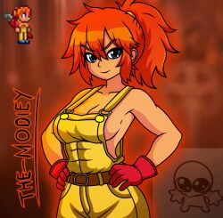 Rule 34 | 1girl, abs, artist name, belt, belt buckle, blue eyes, blue shoes, breasts, brown belt, buckle, cleavage, gloves, hands on own hips, high ponytail, looking at viewer, mechanic (terraria), medium breasts, modiey6, official art inset, orange hair, overalls, ponytail, red gloves, shoes, sideboob, smile, terraria, wrench, yellow overalls