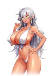 akagi_rio bikini blush breasts dark-skinned_female dark_elf dark_skin earrings elf glasses hand_on_own_hip hoop_earrings huge_breasts jewelry koukaku_no_pandora look-alike looking_at_viewer milk_factory motto!_haramase!_honoo_no_oppai_isekai_oppai_maid_gakuen! navel official_art open_mouth parody parthia_ramsey pointy_ears silver_hair surprised swimsuit thong_bikini transparent_background uzal_delilah white_bikini yellow_eyes