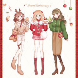 3girls :d :q absurdres ari_(oonmnmooo) bag bell blonde_hair blush boots braid braided_hair_rings brown_boots brown_eyes brown_hair brown_pantyhose brown_sweater cake candle christmas christmas_ornaments closed_mouth commentary earrings fake_antlers fashion fire food fork full_body gingerbread_cookie gingham_skirt green_eyes green_hair green_nails green_sweater hair_rings hairband highres holding holding_fork holding_plate holly jewelry lace-up_boots looking_at_viewer merry_christmas multicolored_nails multiple_girls open_mouth original pantyhose plate polka_dot_pantyhose red_nails red_sweater reindeer shorts shoulder_bag skirt sleeves_past_wrists smile snowflakes standing star_(symbol) star_earrings sweater symbol-only_commentary teeth tongue tongue_out two_side_up upper_teeth_only white_pantyhose white_shorts white_skirt yellow_hairband