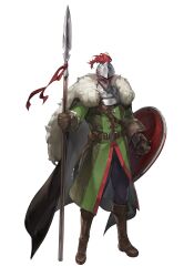 1boy armor artist_request belt belt_buckle boots brown_belt brown_boots buckle cape coat fur-trimmed_cape fur-trimmed_gloves fur_trim game_cg gilbert_winterguard gloves glowing glowing_eye goddess_order green_coat grey_cape grey_pants helm helmet highres holding holding_polearm holding_shield holding_weapon looking_at_viewer male_focus non-web_source official_art pants plume polearm shield simple_background solo standing tachi-e transparent_background weapon