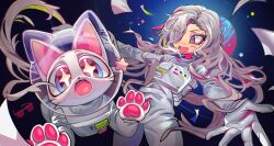 Rule 34 | 1girl, :d, absurdly long hair, animal, astronaut, cat, clothed animal, eyelashes, helmet, highres, long hair, looking at viewer, open mouth, original, outstretched arms, pawpads, planet, purple eyes, skullsideart, smile, solo, space, space helmet, spacesuit, star-shaped pupils, star (symbol), symbol-shaped pupils, very long hair, white hair