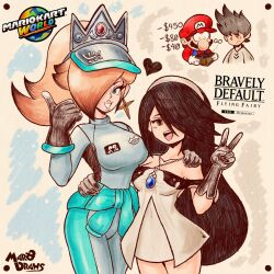 2boys 2girls agnes_oblige artist_logo black_gloves black_hair blonde_hair blue_eyes bravely_default:_flying_fairy bravely_default_(series) breasts collarbone copyright_logo crossover dress earrings facial_hair gloves hair_over_one_eye highres holding holding_wallet jewelry logo mario mario_(series) mario_kart mario_kart_world marodraws multiple_boys multiple_girls mustache nintendo rosalina rosalina_(pro_racer) smile spiked_hair star_(symbol) star_earrings thumbs_up tiz_arrior v visor_cap wallet white_dress