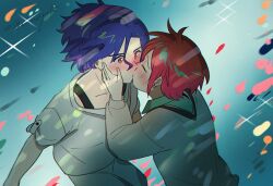 1boy 1girl aki_(neyuki41028) amate_yuzuriha blue_hair blush closed_eyes collared_shirt colored_inner_hair commentary gundam gundam_gquuuuuux hetero kiss multicolored_hair necktie purple_hair red_eyes red_hair school_uniform shirt short_hair shuji_ito sweater two-tone_hair white_shirt
