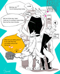 2boys absurdres arm_behind_back blush body_fur brothers claws commentary english_commentary english_text full_body furry furry_male glasses height_difference highres isaac_(freezingsammy) looking_at_another male_focus multiple_boys original partially_colored sammy_(freezingsammy) shirt short_hair siblings sink slippers standing tail tail_wagging tank_top theodore_(freezingsammy) vest white_shirt wolf_boy