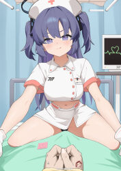 1boy 1girl absurdres bed black_panties blue_archive breasts cardiogram condom condom_wrapper doodle_sensei_(blue_archive) gloves hat heart highres hoshi_kitsune hospital_bed large_breasts licking_lips long_hair looking_at_viewer midriff miniskirt navel nurse nurse_cap panties pov purple_eyes purple_hair sensei_(blue_archive) short_sleeves skirt solo_focus textless_version tongue tongue_out two_side_up underwear white_gloves white_skirt yuuka_(blue_archive)
