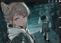 100387l 2girls art_program_in_frame blurry blurry_background cone_hair_bun diagonal_bangs double_bun fukurai_azami hair_bun highres hood hood_down looking_at_viewer multiple_girls outdoors parted_lips short_hair tomarigi_yasumi toshi_densetsu_kaitai_center unfinished upper_body walking