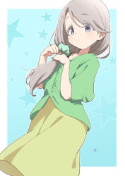 Rule 34 | 1girl, border, cardigan, cardigan vest, closed mouth, dot mouth, green cardigan, green scrunchie, grey hair, hair ornament, hair scrunchie, hands up, highres, illustratorhide, long hair, long skirt, looking at viewer, low twintails, mono (afro), paw pose, purple eyes, scrunchie, shikishima sakurako, shoes, short sleeves, simple background, skirt, solo, star (symbol), swept bangs, tareme, twintails, white border, yellow skirt