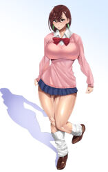 1girl absurdres ayase_momo blue_skirt bow bowtie breasts brown_eyes brown_hair dandadan earrings female_focus highres jewelry knee_socks koucha_indian large_breasts legs_together long_sleeves looking_at_viewer medium_hair miniskirt open_mouth red_bow red_bowtie shadow shoes simple_background skirt thick_thighs thighs white_background
