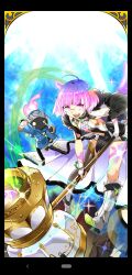 1girl blue_hair boots fingerless_gloves glasses gloves gradient_hair hammer highres holding holding_hammer multicolored_hair off_shoulder open_mouth pomme_(uchihime) purashine_(uchihime) purple_eyes purple_hair uchi_no_hime-sama_ga_ichiban_kawaii white_boots