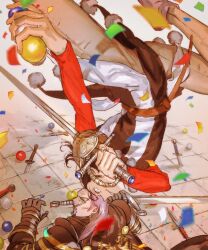Rule 34 | 2boys, androgynous, armor, ball, black armor, black cape, black hair, blue gemstone, blurry, brown pants, cape, clenched teeth, commentary request, confetti, depth of field, dragon quest, dragon quest xi, facial hair, fighting, floating clothes, gem, greig (dq11), grey background, grey eyes, grin, hair slicked back, highres, holding, holding ball, holding sword, holding weapon, long hair, looking at another, looking back, looking down, looking up, male focus, mochi mochi island, multiple boys, pants, parted hair, planted, planted sword, planted weapon, purple facial hair, purple hair, rapier, red shirt, shirt, smile, striped clothes, sword, sylvia (dq11), teeth, tunic, upside-down, weapon