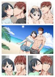 1boy 1girl absurdres beach bikini bikini_top_only black_eyes black_hair blue_shorts blush brown_eyes brown_hair cloud collarbone commentary_request couple frilled_bikini frills hair_ornament hand_in_pocket hetero highres irokawa_iku kiss kissing_cheek male_swimwear o3o ocean original pectorals selfie short_hair short_shorts shorts sun swim_trunks swimsuit toned toned_male topless_male wet x_hair_ornament