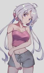 1girl ahoge ankh_(ankh_05) breasts camisole collarbone commentary_request contrapposto cowboy_shot dolphin_shorts grey_hair grey_shorts hair_ornament hair_scrunchie hand_on_own_arm highres long_hair looking_at_viewer low_twintails medium_breasts midriff navel pink_camisole pink_scrunchie purple_eyes scrunchie senki_zesshou_symphogear shorts simple_background solo strap_slip twintails yukine_chris