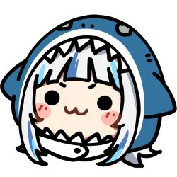 1girl :3 animal_hood artist_request bad_link black_eyes blue_hair blunt_bangs blush_stickers chibi disembodied_head gawr_gura gawr_gura_(1st_costume) hololive hololive_english hood hood_up multicolored_hair official_art portrait shark_hood solid_circle_eyes solo streaked_hair transparent_background virtual_youtuber white_hair