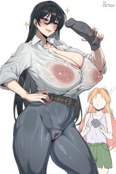 Rule 34 | 2girls, ^^^, arato nagi, artist name, bare arms, bare shoulders, belt, belt buckle, black hair, blush, breasts, brown belt, buckle, buttons, cleavage, cleft of venus, collarbone, collared shirt, commentary request, cowboy shot, denim, dildo, dropping, earrings, eyelashes, forehead, green shorts, grey eyes, grey pants, hair between eyes, hand on own hip, hand up, highres, holding, holding sex toy, huge breasts, impossible clothes, impossible pants, impossible shirt, jeans, jewelry, korean commentary, large areolae, long hair, multiple girls, nipples, no eyes, no nose, orange hair, orrrca1701, pants, parted bangs, partially unbuttoned, pink nails, pussy, rock, ruri no houseki, sculpture, seductive smile, sex toy, shirt, shirt tucked in, shorts, sidelocks, simple background, skindentation, sleeves rolled up, smile, sparkle, stud earrings, surprised, tanigawa ruri, tank top, three-quarter sleeves, tight clothes, tight pants, tight shirt, very long hair, white background, white shirt, white tank top, x mouth
