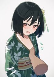 1girl absurdres blush breasts fang floral_print grabbing_another&#039;s_breast green_hair green_kimono groping hair_ornament highres japanese_clothes kimono looking_to_the_side love_live! love_live!_nijigasaki_high_school_idol_club mifune_shioriko nerv obi print_kimono red_eyes sash short_hair simple_background small_breasts tata_(tataice) white_background yukata