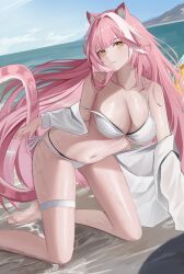 1girl absurdres aliez animal_ears beach bikini blue_sky blush breasts cleavage cloud cloudy_sky collarbone commentary day english_commentary hair_intakes highres hololive hololive_english large_breasts long_hair long_sleeves multicolored_hair navel ocean outdoors panther_ears panther_girl panther_tail pink_hair raora_panthera sand shirt sky solo stomach streaked_hair swimsuit tail thighs two-tone_hair virtual_youtuber white_bikini white_shirt yellow_eyes
