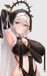 1girl absurdres arm_up armpits blush breast_curtains breasts bridal_gauntlets brown_eyes covered_navel green_eyes grey_background halo heterochromia highres large_breasts long_hair looking_at_viewer nail_polish original raurashun red_nails simple_background smile solo teeth upper_body white_hair